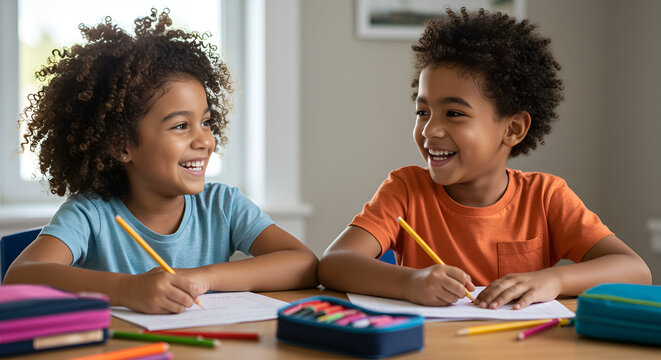 Smiling children and their mother together studying and drawing in a classroom - Powered by Adobe
