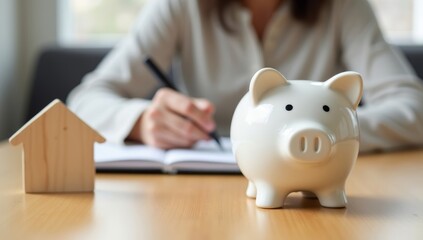 Hand depositing a coin into a pink piggy bank, symbolizing financial savings and secure investments for future wealth
