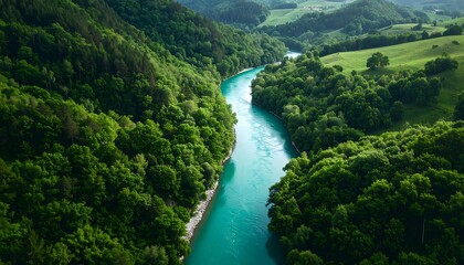 Aerial View Turquoise River Green Forest - Aerial Views