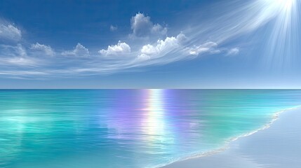 Serene Ocean Scene with Rainbow Reflection and Lens Flare