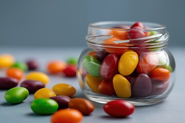 Colorful jelly beans overflowing from glass jar on gray surface