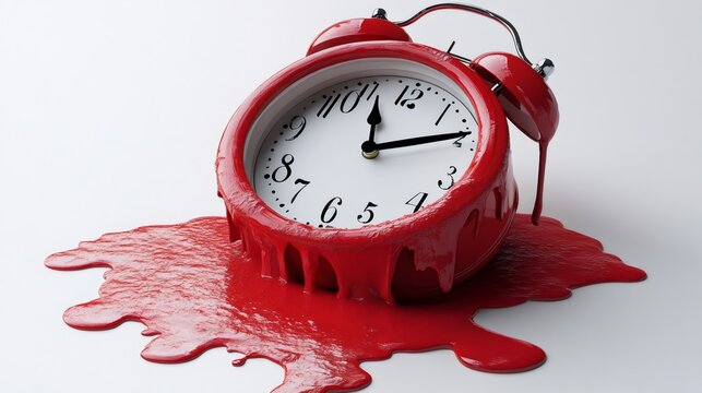 Red alarm clock melting on white background symbolizing lost time