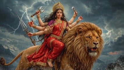 Hindu goddess Durga lion warrior mythology divine feminine power spiritual religious art deity strength

