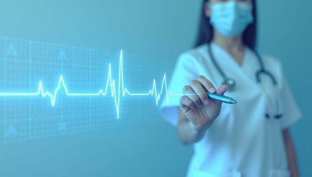A doctor with a stethoscope examines a heart on an abstract background, combining medical expertise with business finance data