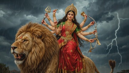 Hindu warrior goddess Durga on lion mythology divine feminine power spiritual religious art strength
