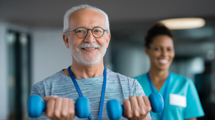 Smiling elderly man exercising with dumbbells under supervision in a modern gym or rehabilitation center.

