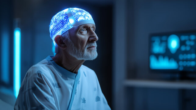 Elderly man wearing a glowing brain interface cap in a futuristic medical environment.

