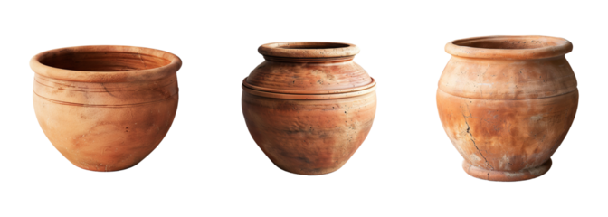A collection of antique handmade earthenware pots, vases, and jugs, in various shades of brown, is isolated on transparent background. PNG