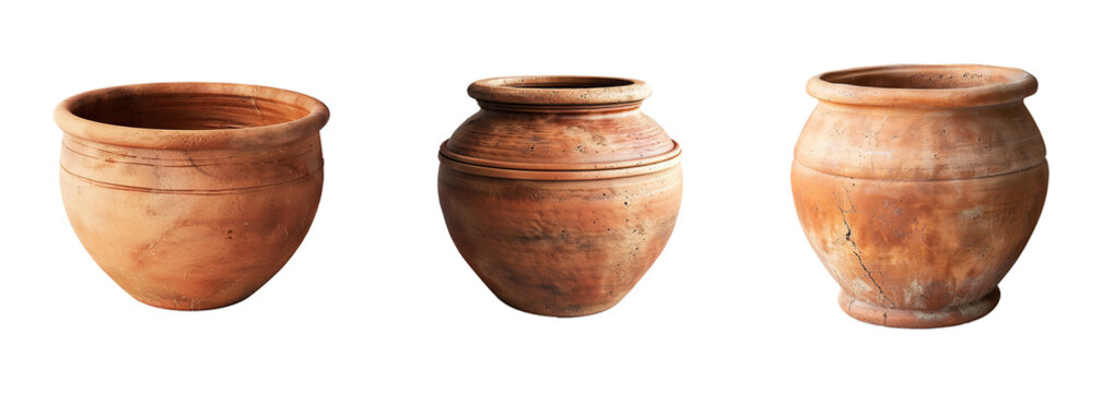 A collection of antique handmade earthenware pots, vases, and jugs, in various shades of brown, is isolated on transparent background. PNG