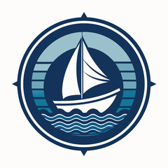 Nautical Round Emblem with Sea and Sailboat