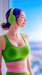 Serene Woman in Green and Pink Activewear Stretching by Window