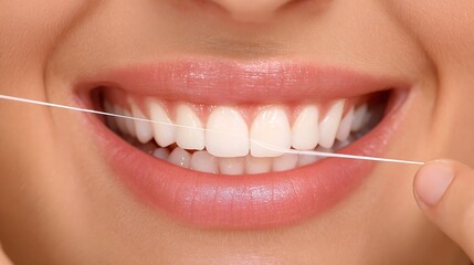 Fototapeta premium Woman smiles while using dental floss for cleaning between teeth, promoting oral health and hygiene, showcasing a bright, healthy smile.