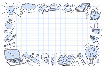 Back to school doodle elements. Poster with hand drawn school supplies  and copyspace. Education, learning, knowledge concept. Vector illustration