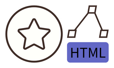 Star badge icon, HTML code element, and simple node structure design. Ideal for programming, coding, web development, recognition, user interface learning and hierarchy visuals. Simple flat
