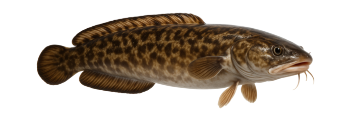 Burbot with elongated, eel-like body and marbled brown pattern