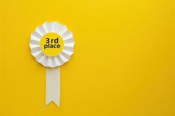 Conceptual third place award rosette on vibrant yellow background, prize for achievement