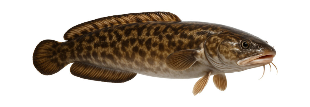 Burbot with elongated, eel-like body and marbled brown pattern