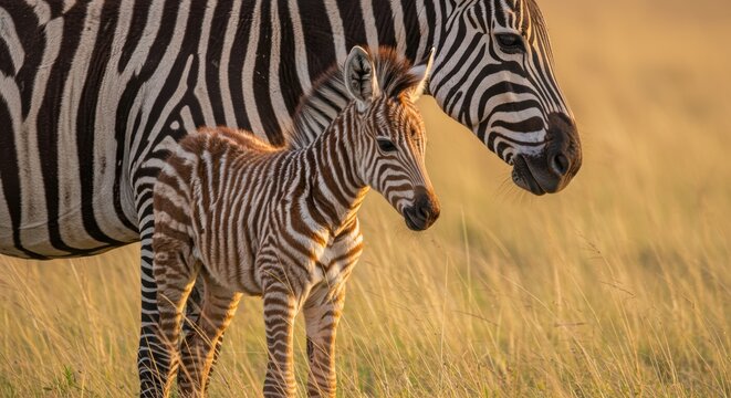 Sweet baby zebra stands beside its mother in the African savanna bathed in the warm light of golden hour