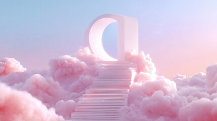 Fototapeta premium Dreamy stairway to heaven ascends through pink clouds toward a glowing portal in a pastel sky