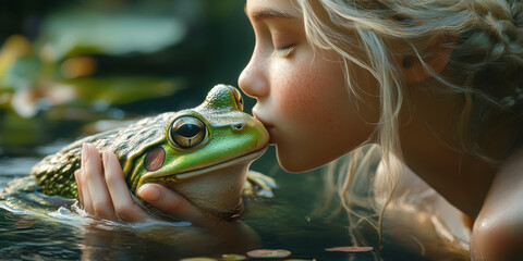 Sunlit forest scene depicting girl gently kissing green frog, symbolizing whimsical childhood innocence and natural harmony
