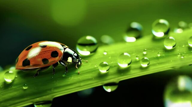 Closeup ladybug,lady beetle with water dew drops on greenery leaves plant.organic or ecology concepts backgrounds.clean and pure nature idea