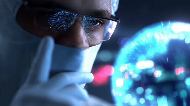 Male scientist analyzing a glowing digital Earth hologram symbolizing global networks and connectivity.
