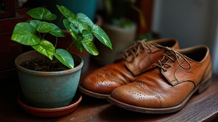 Shoes placed next to small indoor plant, simple setting 