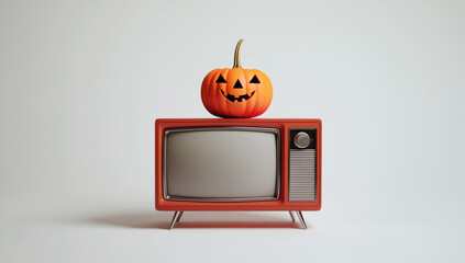 Carved jack-o'-lantern sitting atop retro tv screen, casting eerie halloween ambiance with vintage autumnal mood
