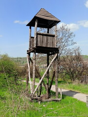 Panorama of the ancient wooden watchtowers of the Zaporizhian Cossacks that guarded the Zaporizhian Sich from the invasion of uninvited guests.