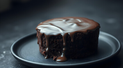 Delicious chocolate lava cake dripping with melted chocolate on dark plate