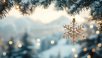 Golden snowflake ornament hanging from snow-dusted pine branch, blurred winter landscape with twinkling lights creating festive, magical christmas atmosphere