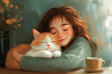 Heartwarming digital painting of a young woman cuddling her sleepy cat, enjoying a peaceful moment by the window