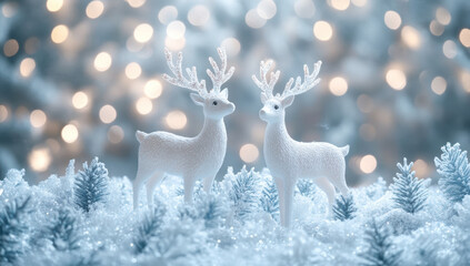 Two white reindeer figurines stand on snowy ground with small christmas trees and blurred christmas lights in the background, creating a festive holiday scene