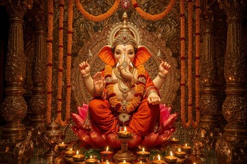 Ganesha hindu god temple art spiritual deity religious decoration golden elephant lord illustration artwork
