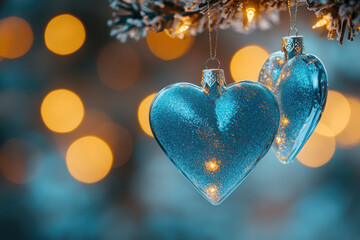 Glowing heart-shaped christmas ornaments hanging on snowy pine branch, creating festive bokeh-lit winter scene with romantic holiday mood