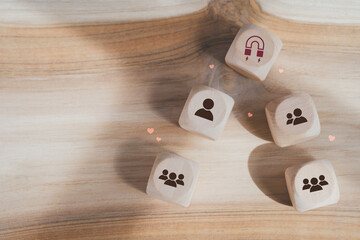 Increasing customer loyalty, Developing brand awareness, Understanding customer need, Providing value, Create relationship with customer engagement, Wooden cube with customer awareness icon