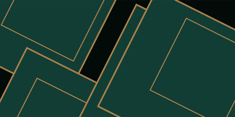 Dark green abstract background with gold lines and shadow. Geometric shape overlap layers. Transparent squares. Modern luxury rounded squares graphic pattern banner template