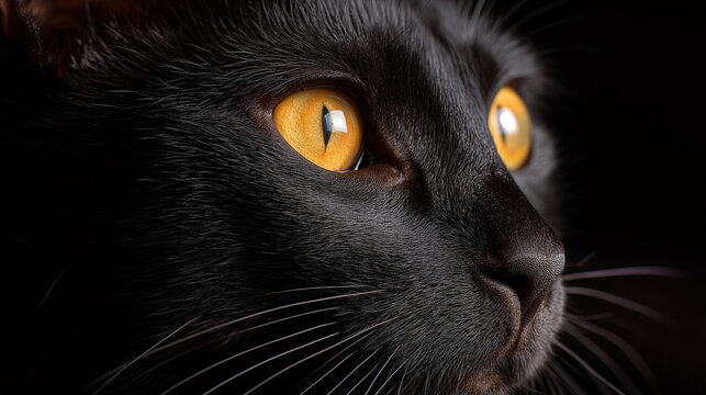 Close-up portrait of a black cat with intense amber eyes in dramatic lighting.
