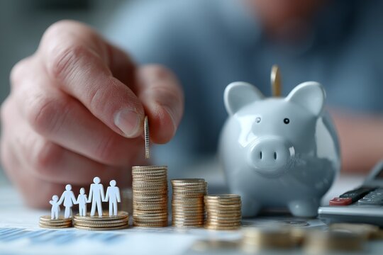 Investment planning saving coins into a piggy bank home office financial growth close-up view