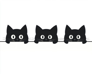 Three black cats peering over white banner, wide-eyed, conveying curiosity and playful charm