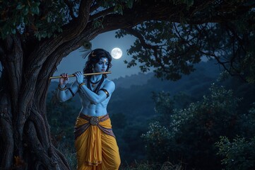 Krishna lord flute music tree moonlight hindu deity spiritual night scene peaceful religious artwork illustration
