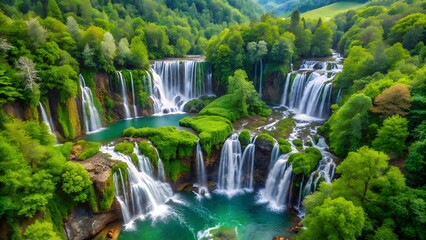 Obraz premium Photo of a breathtaking aerial view captures the stunning beauty of numerous pristine waterfalls cascading down lush green slopes, surrounded by vibrant foliage