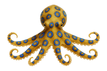 Blue-ringed octopus with vibrant, iridescent blue rings on yellowish skin