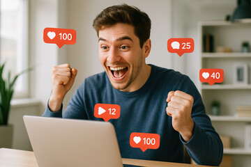 Excited Man Celebrates Viral Social Media Success on Laptop