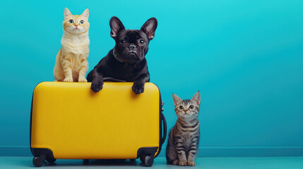 Black french bulldog and two kittens peeking out from behind a yellow suitcase on blue background, ready for a trip