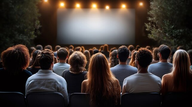 Audience watching blank screen at a movie theater
