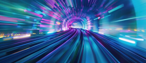 Abstract speed of light in a metro tunnel with vibrant colors and blurred motion