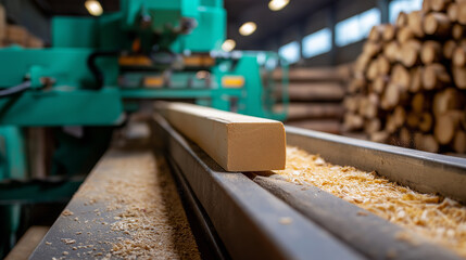 A freshly cut wooden beam moves along a conveyor in a modern sawmill, surrounded by wood shavings and stacked logs in the background.