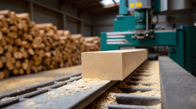 A freshly cut wooden beam moves along a conveyor in a modern sawmill, surrounded by wood shavings and stacked logs in the background.