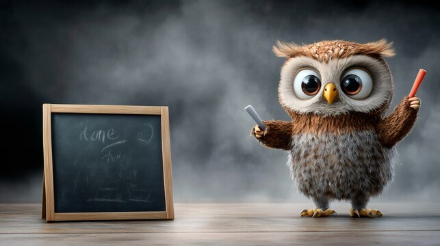Wise owl teacher explaining lesson on blackboard in classroom